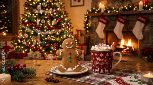  Christmas Scene Featuring a Cute Gingerbread Man and Hot Cocoa with Marshmallows