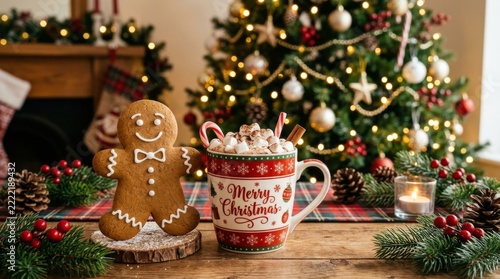  Christmas Scene Featuring a Cute Gingerbread Man and Hot Cocoa with Marshmallows