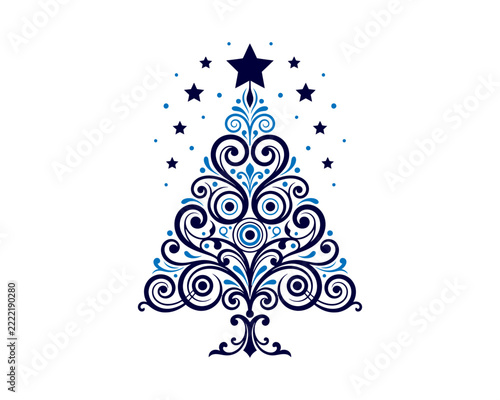 Stylized decorative christmas tree illustration with intricate swirl patterns and stars, elegant holiday design element