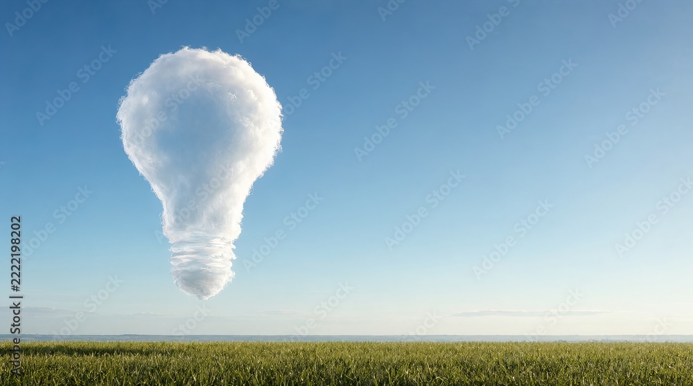Fototapeta premium A Conceptual Lightbulb Shape Cloud Floating In The Clear Blue Sky Over A Serene Green Field Horizon.