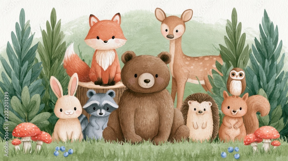 Fototapeta premium Watercolor woodland forest animals illustration set with cute bear fox deer rabbit raccoon hedgehog owl squirrel mushrooms berries and pine trees for nursery art design children room wall decor