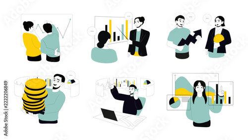 Business management and multitasking set flat concepts. People planning strategy, meeting with project presentation, staff collaborating and cooperating in effective workflow. Vector illustrations.