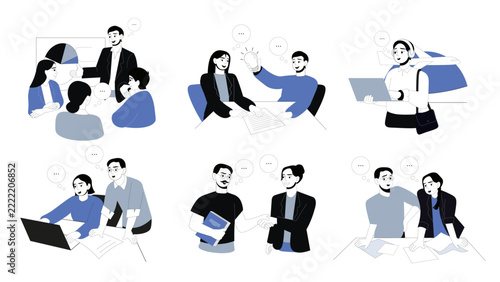 Business people set flat concepts. Employees meeting with project presentation, staff discussing and communicating, colleague brainstorming, do tasks, cooperating at workplace. Vector illustrations.