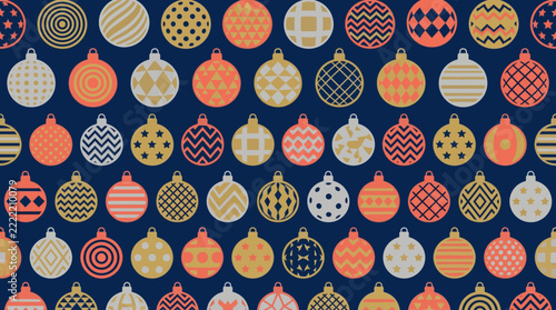 Retro Christmas ornament pattern, vintage holiday bauble background vector, geometric festive ball decorations on navy blue