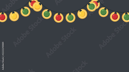 Christmas light garland vector background, festive holiday string lights on dark backdrop, colorful winter celebration border with copy space