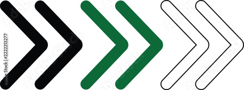Double Chevron Arrow Icon Set, Forward Next Direction Symbols in Black, Green and Outline Styles