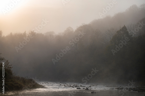 San River in golden morning fog in Bieszczady Mountains, Poland