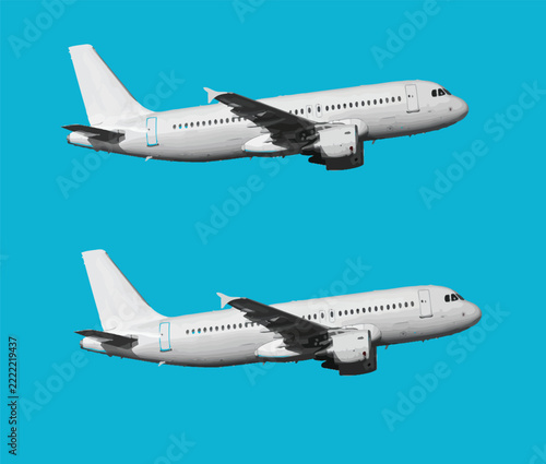 Two Modern Passenger Airliners Isolated on Bright Blue Background