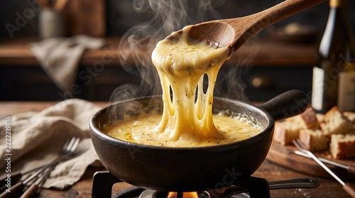 A wooden spoon scoops steaming hot melted cheese fondue from a skillet in a rustic kitchen setting.