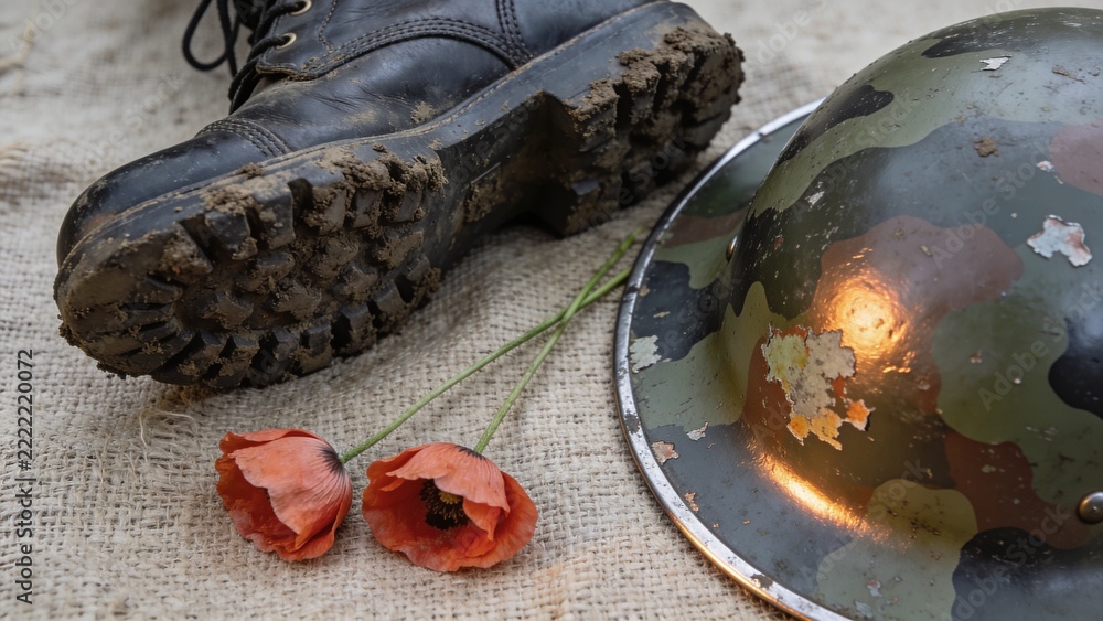 Naklejka premium Displaying dented camouflage helmet on right, muddy combat boot and poppies on burlap, copy space