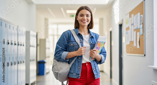 Smiling young woman in a denim jacket and red pants holds books in a school hallway lined with lockers, symbolizing education and learning