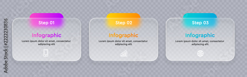 Glassmorphism vector infographic template with 3 steps, frosted transparent glass UI cards with colorful glowing tabs isolated on transparent background