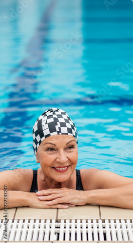Woman with checkered swim cap in pool, symbolizing leisure, recreation, and active lifestyle, suitable for health and wellness content