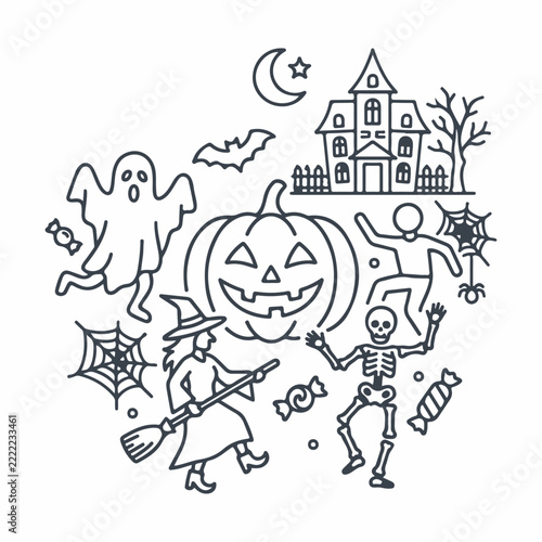 Happy Halloween Spooky Party Line Drawing