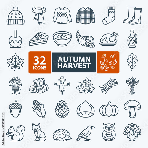 32 Autumn Harvest Icon Set - Line Art Style	