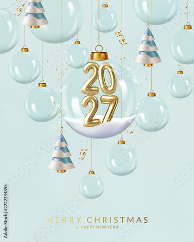 Christmas and New Year background with balls and gold balloon numbers 2027	
