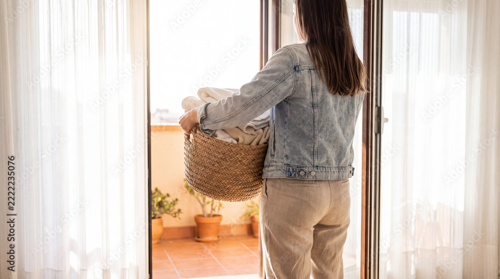 Fototapeta premium Woman carrying laundry basket full of fresh clean laundry, standing on home balcony with warm natural light