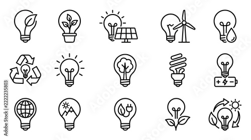 Sustainability and environmental protection icons set within light bulb shapes with sustainability environment conservation recycling fluorescent mountain resource