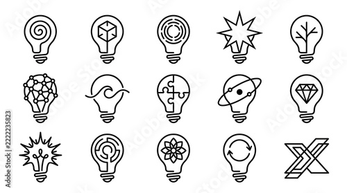 Set of black and white line art light bulb icons representing different creative concepts with creative innovation abstract thinking solution inspiration business