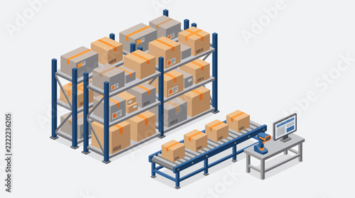 Modern warehouse automation system with conveyor belts and inventory