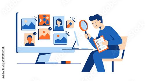 Professional reviewing candidate photos for hiring process on laptop