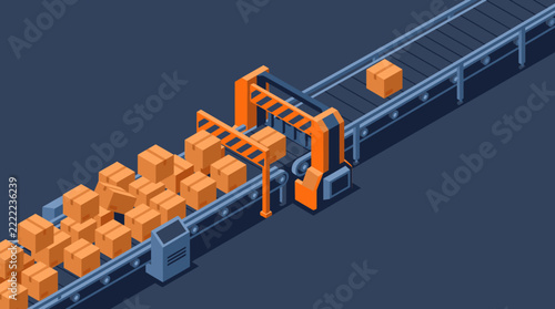 Modern conveyor belt system sorting and transporting colorful package
