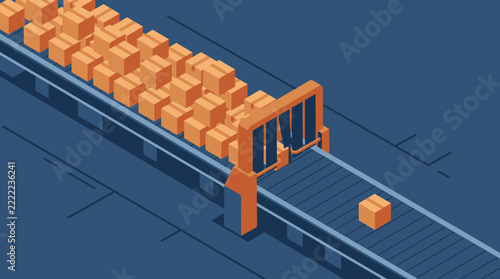 Isometric conveyor system transporting stacked cardboard boxes in