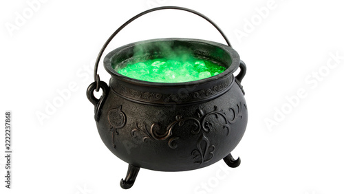 Spooky Halloween witch cauldron with bubbling glowing green magic potion asset isolated on transparent background