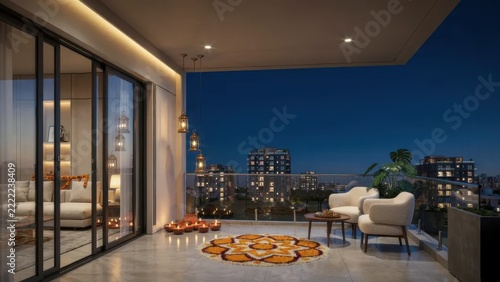 Sophisticated modern balcony decorated for Diwali festival with rangoli pattern and glowing string lights