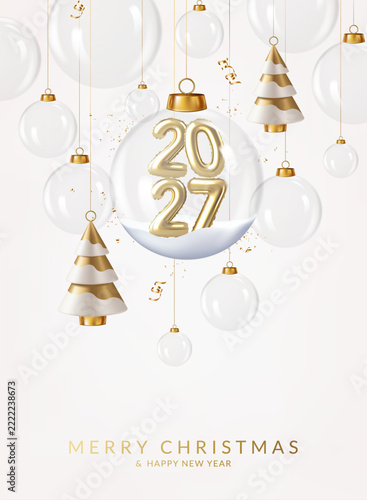 Christmas and New Year background with balls and gold balloon numbers 2027	