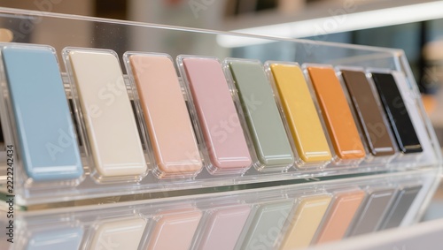 A set of colorful material and finish samples displayed in an acrylic stand in a hardware store, illustrating interior design choices, surface palette, and home renovation