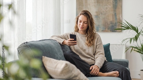 Smiling young woman sitting on cozy sofa checking smartphone