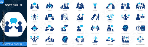 Soft skills icon set. Communication, teamwork, leadership, empathy, problem solving, negotiation, adaptability, coaching, workplace collaboration. Editable solid icons collection. Vector.