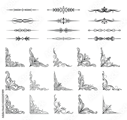 Decorative vintage corner ornaments and dividers black filigree flourishes for page design.