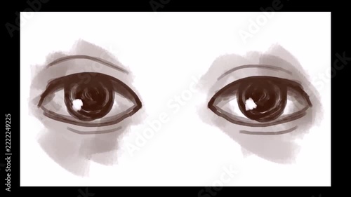 The drawn eyes look in different directions and blink their eyelids.
