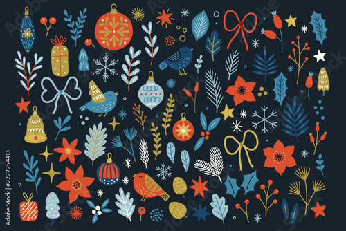 Christmas set -  balls, bell, berries, birds, flowers, fir branches, spruce trees, stars, gifts, snowflakes on dark background. Perfect for winter greetings. Vector hand drawn illustration