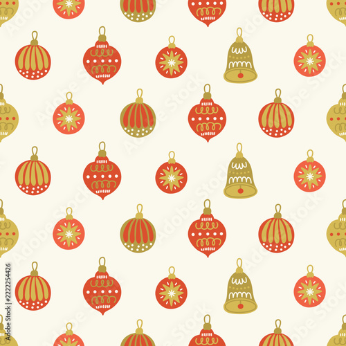 Christmas seamless pattern with balls, bells and baubles in Gold, White and Red. Perfect for wallpaper, gift paper, fabric, winter greeting cards. Vector illustration