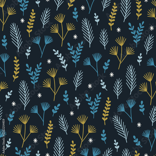 Christmas seamless pattern with fir branches and snowflakes in Gold, Blue and White. Perfect for wallpaper, gift paper, fabric, winter greeting cards. Vector illustration