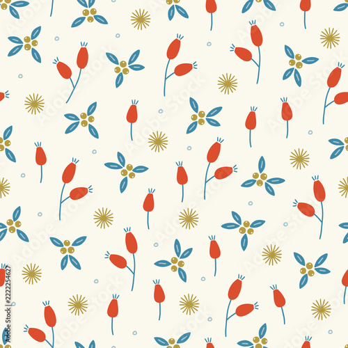 Christmas seamless pattern with briar, snowflakes, berries and leaves in White, Red, Gold and Blue. Perfect for wallpaper, gift paper, fabric, winter greeting cards. Vector illustration