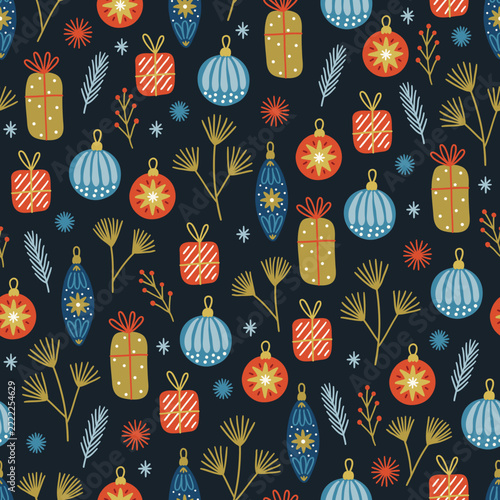 Christmas seamless pattern with balls, gifts, fir branches, berries and snowflakes in Red, Blue, Gold and White. Perfect for wallpaper, gift paper, fabric, winter greeting cards. Vector illustration
