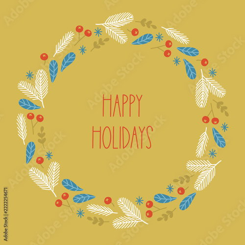 Christmas greeting card with berries, snowflakes, leaves and fir branches on gold background. Perfect for winter holidays and decorations. Hand drawn frame, vector wreath