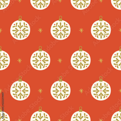 Christmas seamless pattern with balls and snowflakes in Red, Gold and White. Perfect for wallpaper, gift paper, fabric, winter greeting cards. Vector illustration