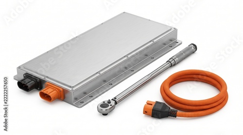 Electric vehicle battery module with a torque wrench and high voltage cable on a white background representing industrial automotive assembly and energy storage technology maintenance components.