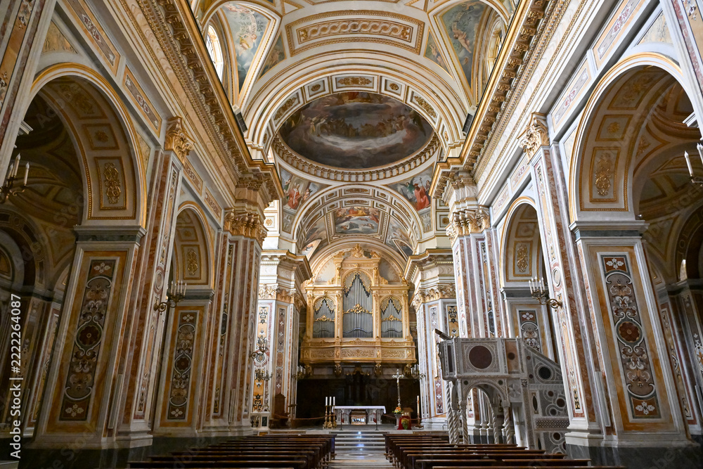 Naklejka premium Interior of the Abbey of the Holy Trinity in Cava de' Tirreni, Italy, historic Benedictine abbey church with remarkable religious architecture