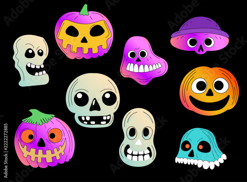 Halloween Pumpkin Character Icon Collection. Neon Gradient Greeting Party Symbol. Fun Positive Cartoon Holiday Decoration Mascot. Retro 90s, y2k Style Graphic Design. Cute Vibrant Festive Pumpkin Art