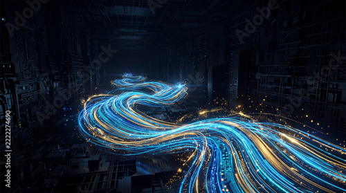 Blue and gold data streams flowing through a dark server room. Artificial intelligence and Black Friday technology concept. Data processing, cloud computing and digital commerce.