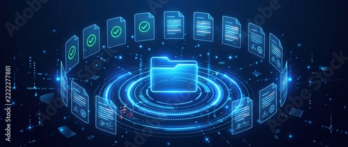 digital file management system with glowing documents and folder