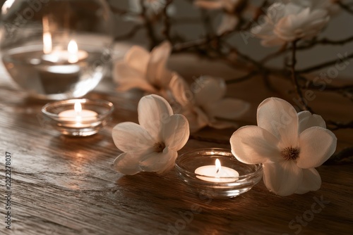 Calm zen atmosphere floating candles and white magnolia flowers on wooden table