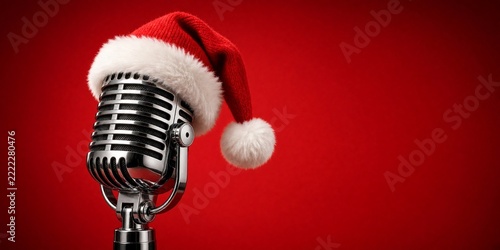 Vintage chrome microphone wearing a red Santa hat on a red background, Christmas music, karaoke and holiday party concept with copy space
