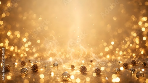 Golden light shining on scattered pinecones and glowing bokeh dust